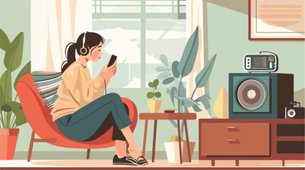 Woman with mobile phone listening to radio at home vector