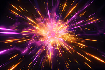 Vibrant abstract neon explosion with yellow and purple glowing rays. Eye-catching neon art on black background.