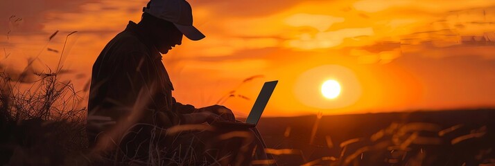 Silhouette of technician configuring network settings at sunset
