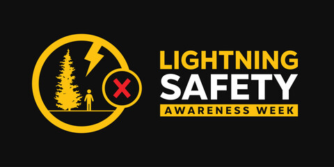 Naklejka premium Lightning Safety Awareness Week. Tree, lightning and more. Great for cards, banners, posters, social media and more. Black background.