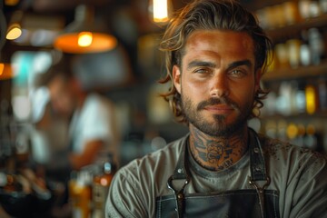 Fototapeta premium Portrait of a hipster male barista with tattoos in a cafe environment