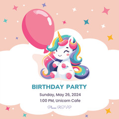 Birthday party invitation template with cute unicorn. Vector illustration.