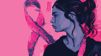 Woman with pink awareness ribbon on color background - Powered by Adobe