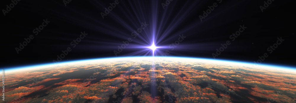 Canvas Prints earth sunrise from space over cloudy ocean. 3d rendering
