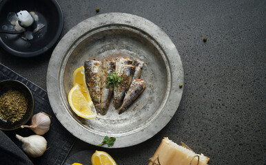 High angle view of Sardines served on table