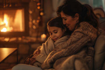 Cozy scene captures a mother holding her young daughter in a warm embrace, as they sit together near a glowing fireplace in a dimly lit room, sharing a serene moment