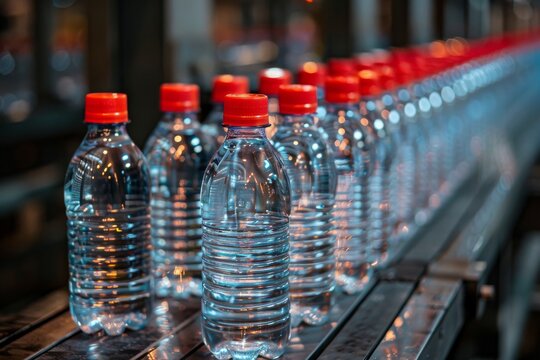 This crisp image captures plastic water bottles with red caps on an automated assembly line in a beverage production facility