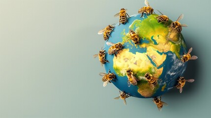 Banner with bees cling to the planet, world of beekeeping, copy space for text, minimalistic, grey background. Bee day, 20 may. Concept: distribution of bees