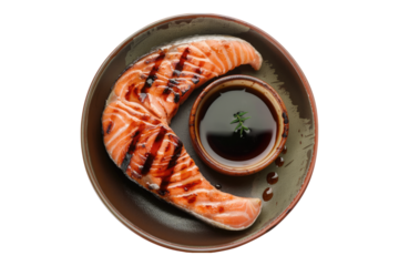 Sake Kama grilled salmon collar with sauce isolated on transparent background