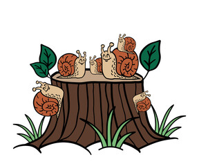 Cute and happy snails on a wood stump. Vector cartoon illustration isolated on white background.