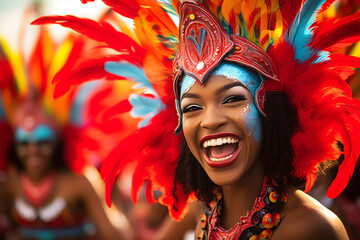 Portrait of happy black woman happy at carnival. Generated with AI.
