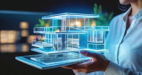 A design engineer holds a digital tablet on which a three-dimensional holographic projection of a modern house is displayed. Development of a house construction project
