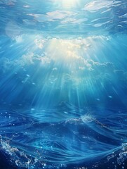 ocean blue underwater waves with sun beam clear view realistic, world oceans day poster and copy space - generative ai