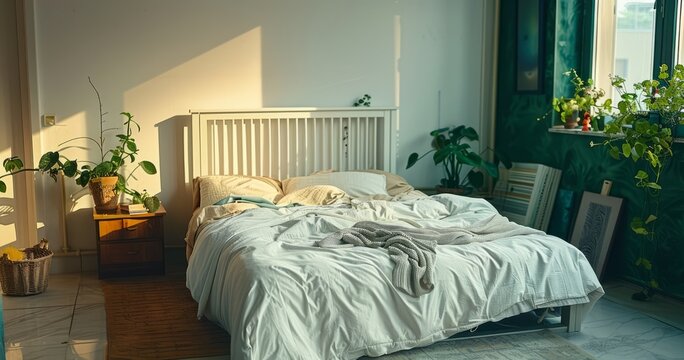 A Bedroom Scene with a Bed in Disarray, Clothes and Duvet Strewn About