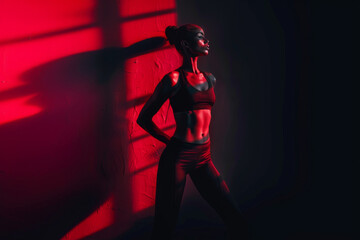 Powerful image of a fit woman posing confidently in a gym setting, highlighted by striking red and shadow contrast, exemplifying strength and determination