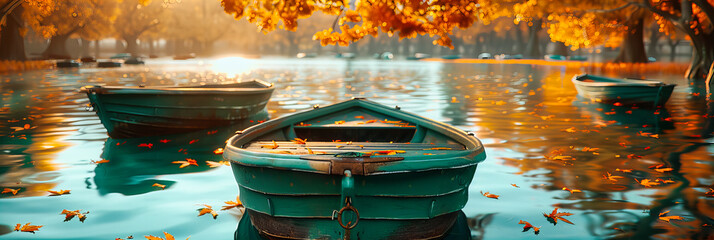 Peaceful morning on a lake with traditional wooden fishing boats, reflecting the vibrant colors of...
