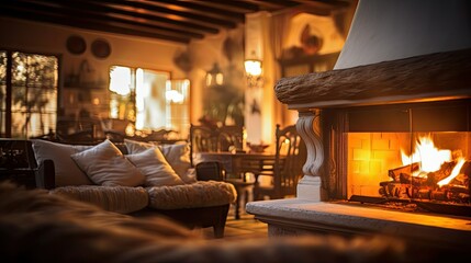 fireplace blurred spanish style home interior