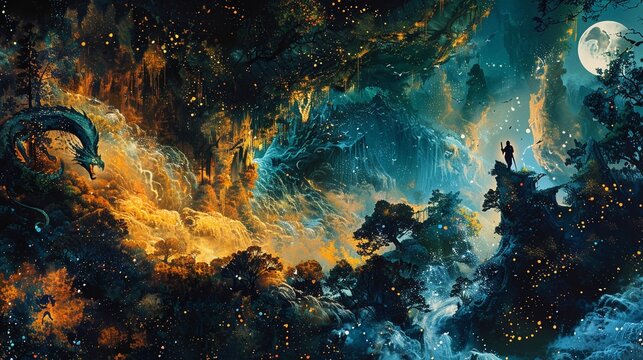 High altitude view of Sigurd slaying the dragon Fafnir, dark forest encircling , vibrant color