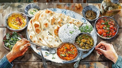 A delicious and healthy Indian meal with rice, naan, and a variety of curries.