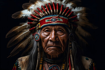 Obraz premium Indigenous with feather headdress and black background. Generated with AI.