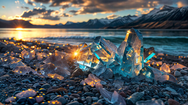 Natural crystals on the beach surrounded by mountains