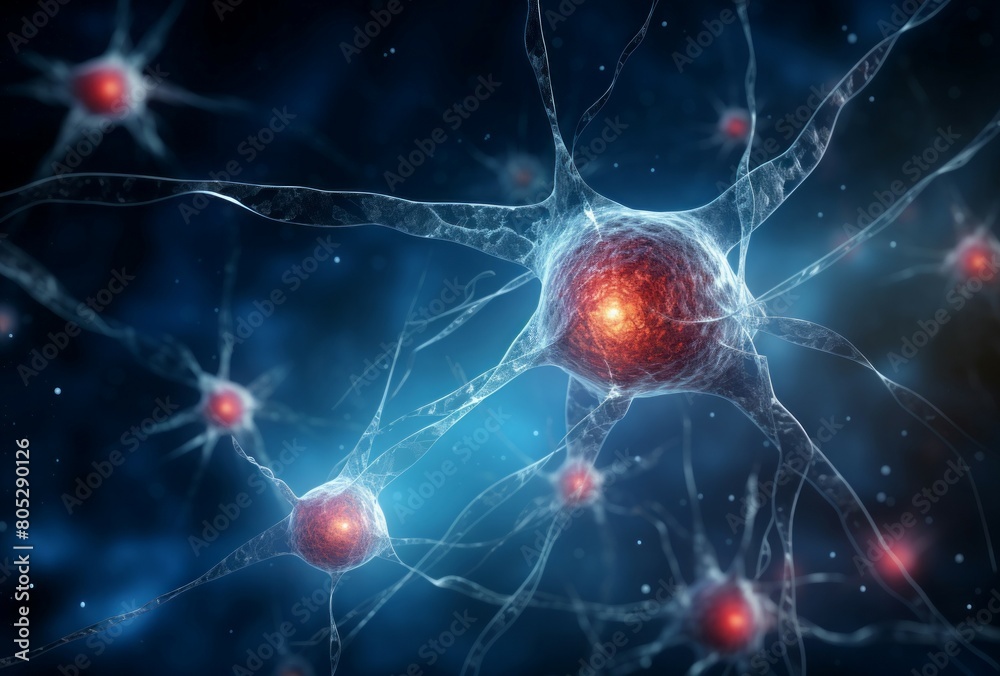 Poster intricate single neuron synapses scheme board. network system cell science mind. generate ai