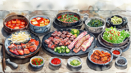 A delicious Korean BBQ spread with all the traditional sides.