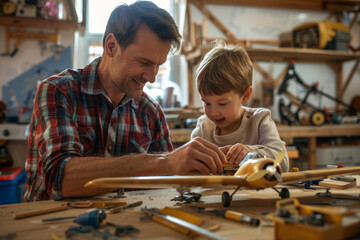 Smiling father and his young son engage in a bonding activity as they assemble a wooden model airplane in a well-equipped home workshop filled with tools and crafting items