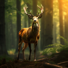 Deer walking around nature in the morning light. Animal in nature forest and meadow habitat. Wildlife scene.	