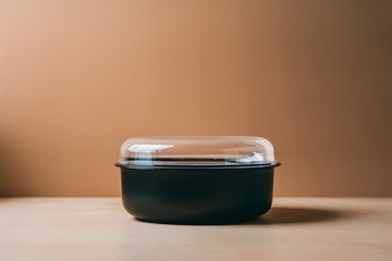 Sleek black base with clear lid on beige background, simple yet elegant