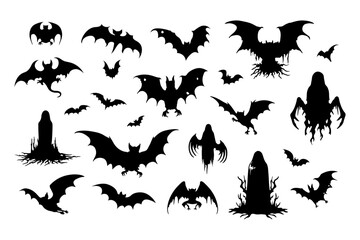 Bat collection of Halloween silhouettes icon and character set