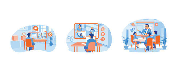Obraz premium Hold virtual meetings. Businessman working from home. Discuss online via computer. Conference meeting concept. Set flat vector illustration.
