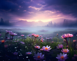 Various flowers in the field. Spring landscape. Mystical fog.	
