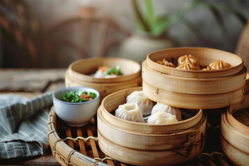 Traditional Chinese dim sum presented in bamboo steamers  - obrazy, fototapety, plakaty