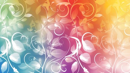 A rainbow gradient background with swirling white floral patterns, creating an elegant and colorful design in the style of nature.