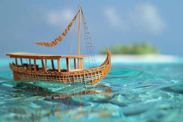 Traditional Maldivian Dhoni boat reimagined in a detailed paper cut scene set against the crystal...
