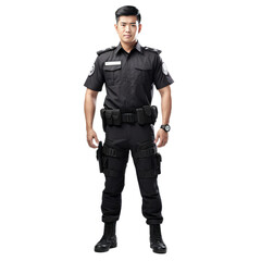 Full body asian policeman standing and looking at camera isolated on transparent background, PNG file.
