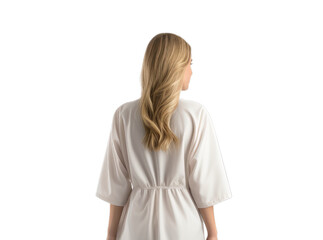 Back view of unrecognized blonde woman in a white nightgown or hospital robe isolated on transparent background, PNG file.