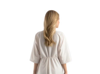 Back view of unrecognized blonde woman in a white nightgown or hospital robe isolated on transparent background, PNG file.