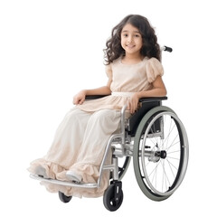 Caucasian happy young girl in wheelchair looking at camera isolated on transparent background. PNG file, Concept of children and disability.