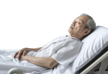 Asian old man resting and sleeping in a hospital bed, sick man hospitalized to recover isolated on transparent background. PNG file.