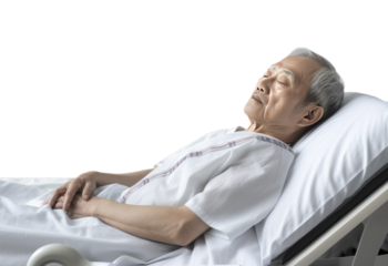 Asian old man resting and sleeping in a hospital bed, sick man hospitalized to recover isolated on transparent background. PNG file.