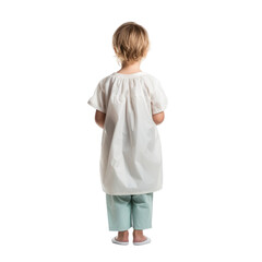 Back view of unrecognized blond kid in a white nightgown or hospital robe isolated on transparent background, PNG file.