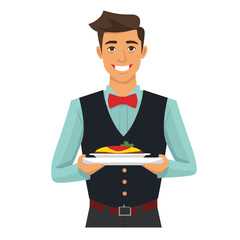 Young male waiter smiling, serving dish, wearing vest bow tie. Professional hospitality staff presenting food plate, restaurant service worker. Cartoon character, isolated white background, catering