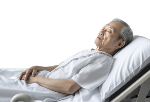 Asian old man resting and sleeping in a hospital bed, sick man hospitalized to recover isolated on transparent background. PNG file.