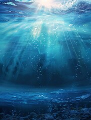 ocean blue underwater waves with sun beam clear view realistic, world oceans day poster and copy space - generative ai
