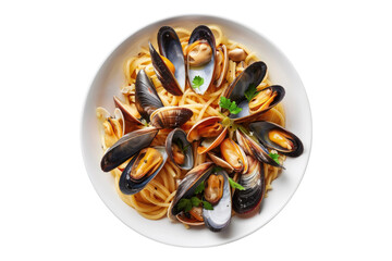 Fototapeta premium Seafood pasta with clams and mussels isolated on transparent background