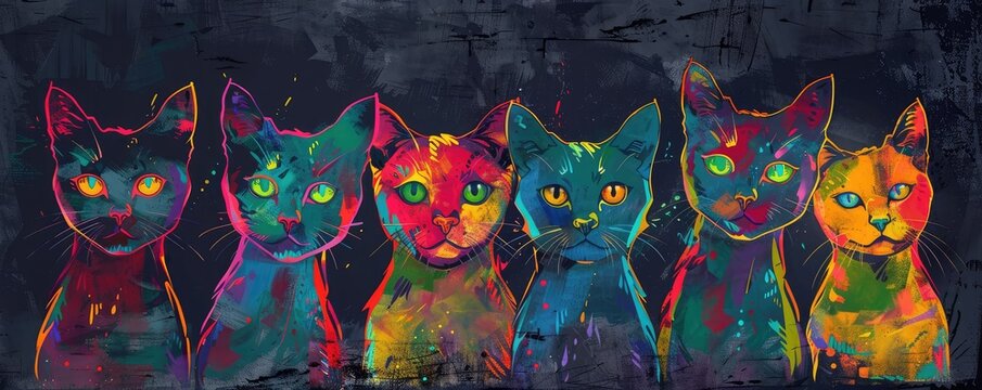 A vibrant, multicolored illustration of stylized cats in profile, with intricate abstract patterns and designs