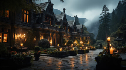 A Hotel in A Mountain Environment with Trees Surrounding it in the Style Of Ornate Details Landscape Background