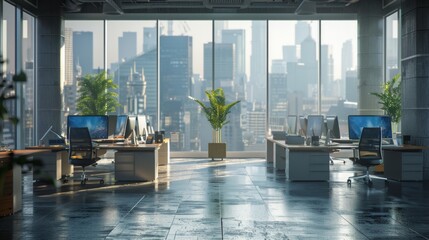 Modern office with panoramic city views, stylish interior design, computers, and plants